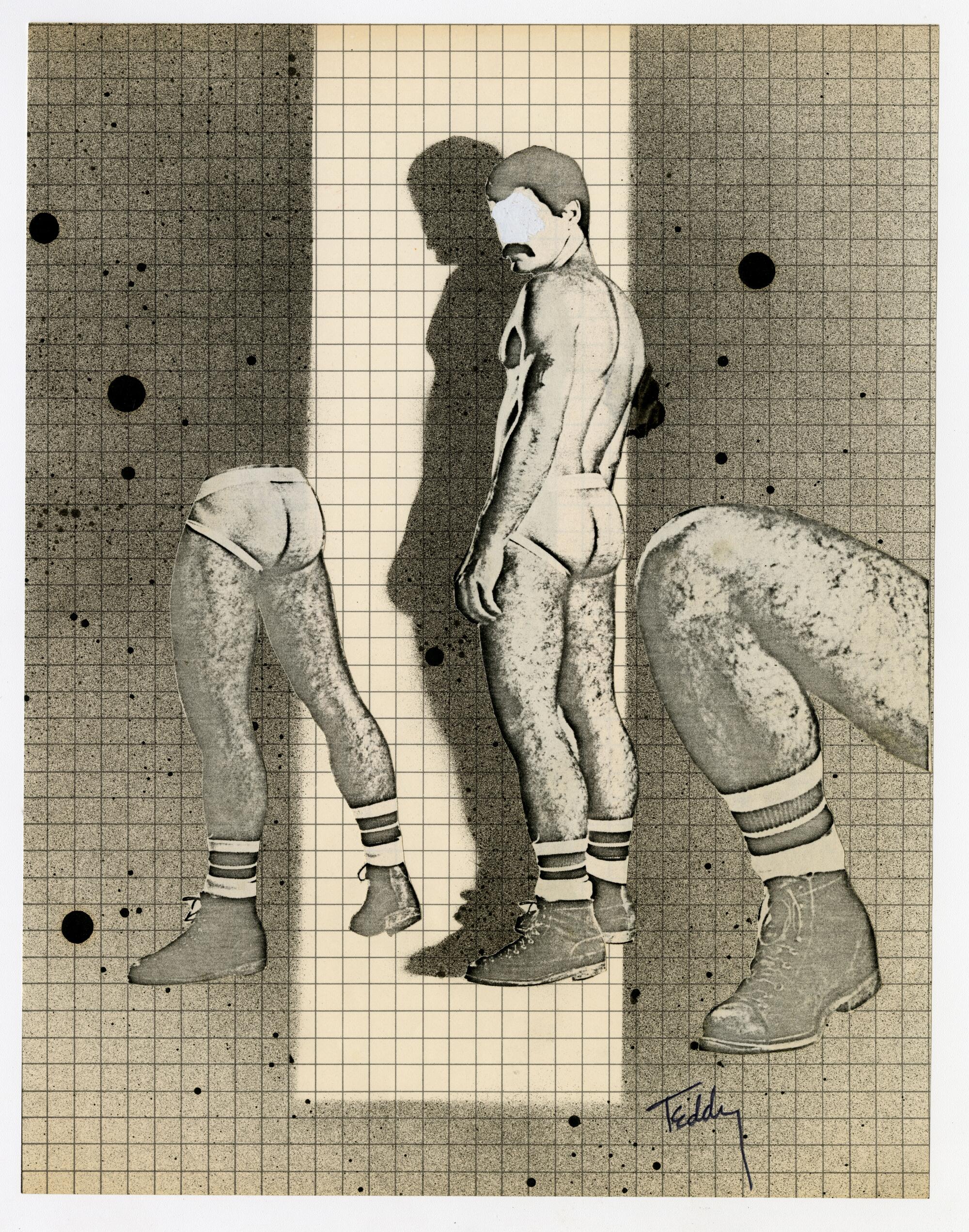 A faceless, mustachioed man wearing tight white briefs and boots looks over his shoulder in a collage on graph paper.