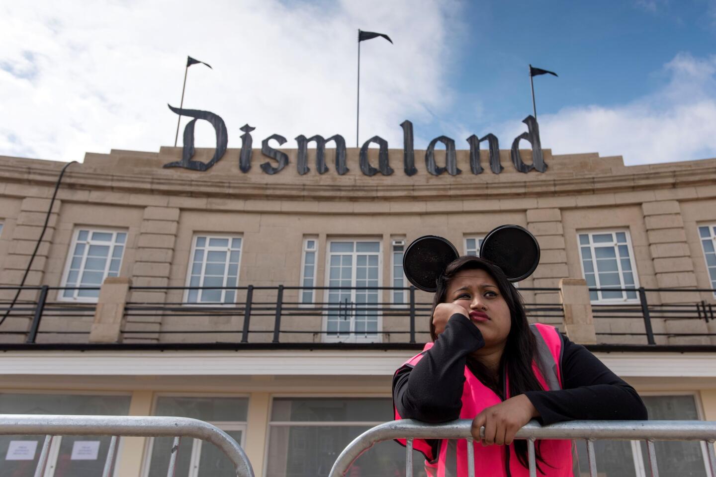 Outside Banksy's Dismaland in Western-super-Mare, Somerset, England.