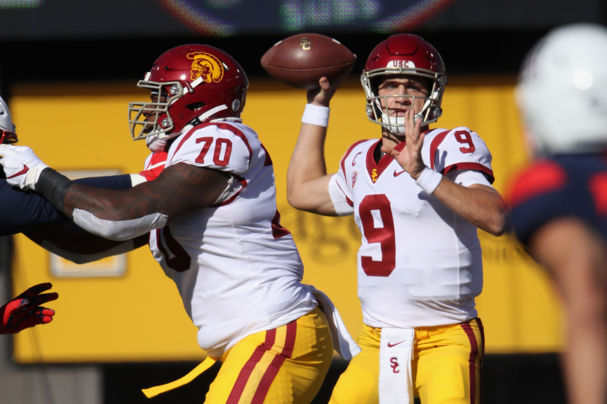 USC quarterback Kedon Slovis throws a pass against Arizona on Nov. 14, 2020, in Tucson