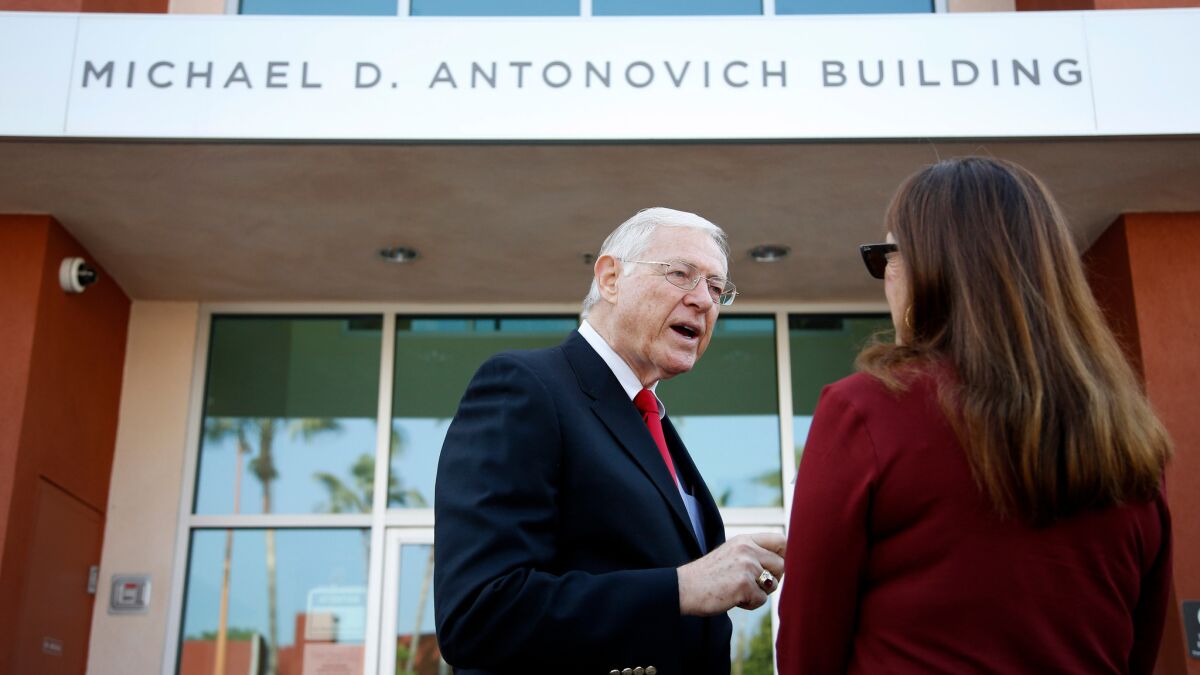 County Supervisor Michael D. Antonovich, who will depart the board after 36 years, outside a mental health services building in Glendale that bears his name.