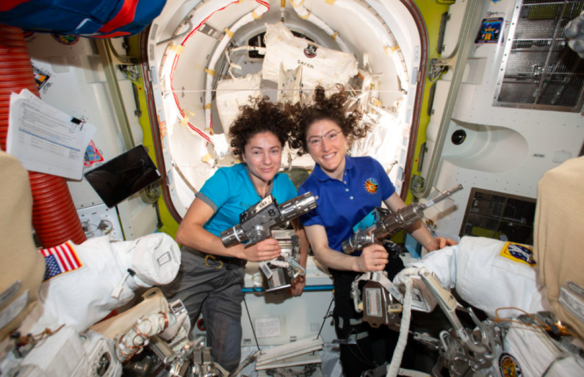 Jessica Meir (left) and Christina Koch performed the first all-female spacewalks last fall from the International Space Station