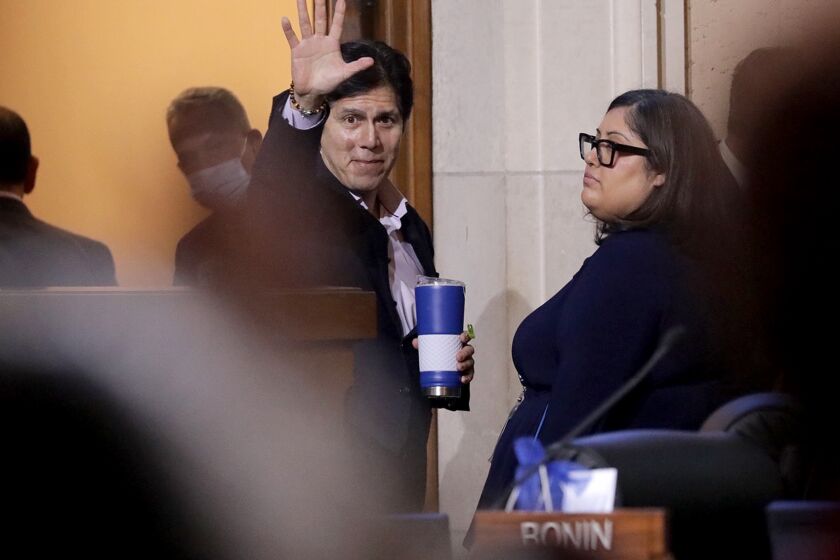 LOS ANGELES CA DECEMBER 9, 2022 - The Los Angeles City Council went into recess after Kevin de Leon showed up at the council meeting Friday morning, Dec. 9, 2022, during public comment. (Myung J. Chun / Los Angeles Times)