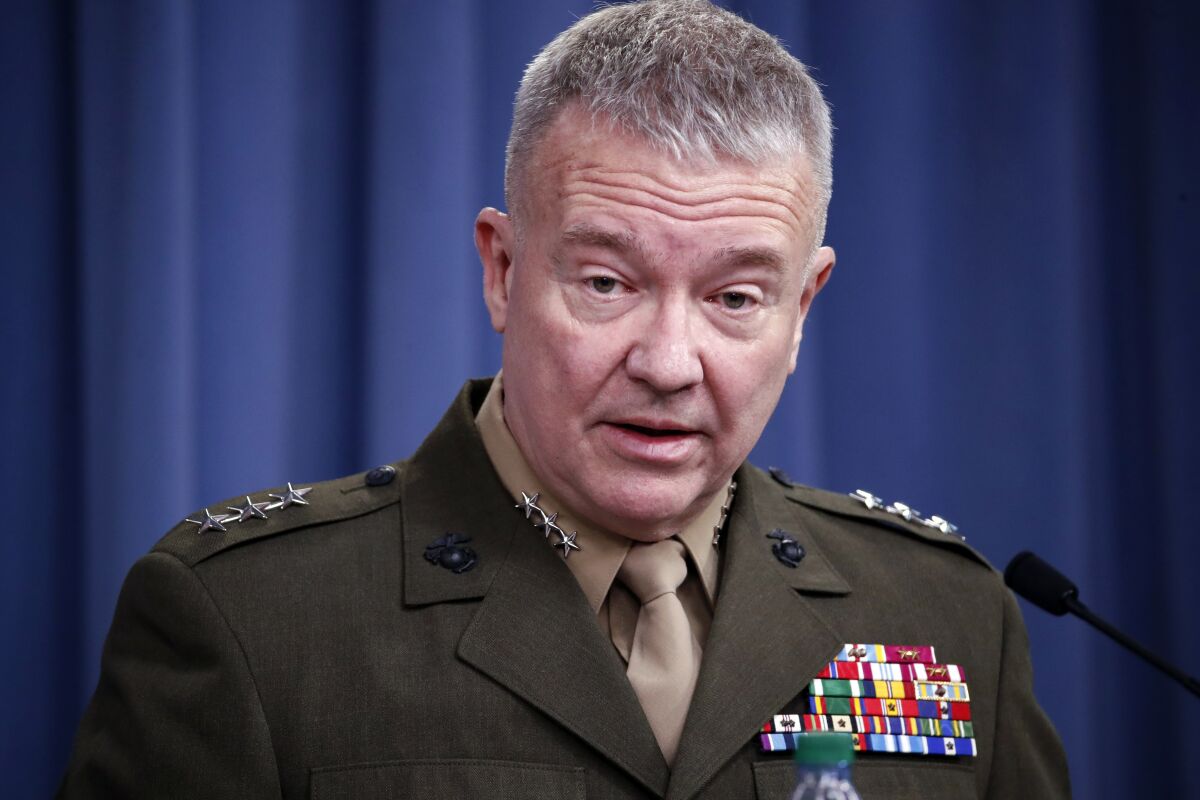 FILE - In this April1 14, 2018, file photo, then-Marine Lt. Gen. Kenneth "Frank" McKenzie speaks during a media availability at the Pentagon in Washington. The top U.S. commander for the Middle East warned Wednesday that elements of the Islamic State group are working to rebuild in western Syria, where the U.S. has little visibility or presence. In the region west of the Euphrates River where the Syrian regime is in control “conditions are as bad or worse” than what they were leading up to the rise of IS, said Gen. Frank McKenzie. "We should all be concerned about that.” (AP Photo/Alex Brandon, File)