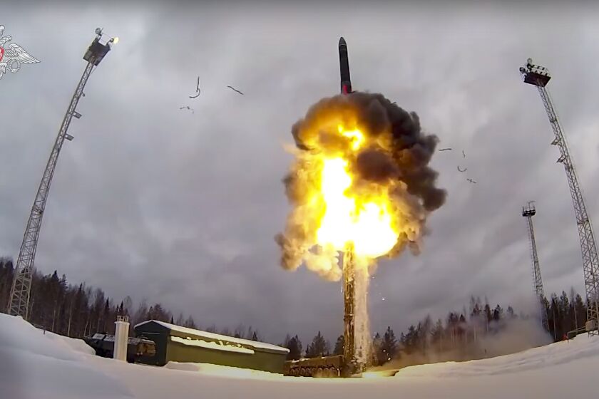 FILE - This photo taken from video provided by the Russian Defense Ministry Press Service on Feb. 19, 2022, shows a Yars intercontinental ballistic missile being launched from an air field during military drills. With his room for maneuver narrowing quickly amid Russian military defeats in Ukraine, Putin has signaled that he could resort to nuclear weapons to protect the Russian gains in Ukraine - the harrowing rhetoric that shattered a mantra of stability he has repeated throughout his 22-year rule. (Russian Defense Ministry Press Service via AP, File)