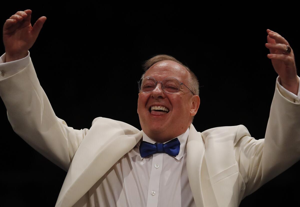 Nicholas McGegan, a late-summer staple at the Hollywood Bowl, conducting the L.A. Phil on Thursday.