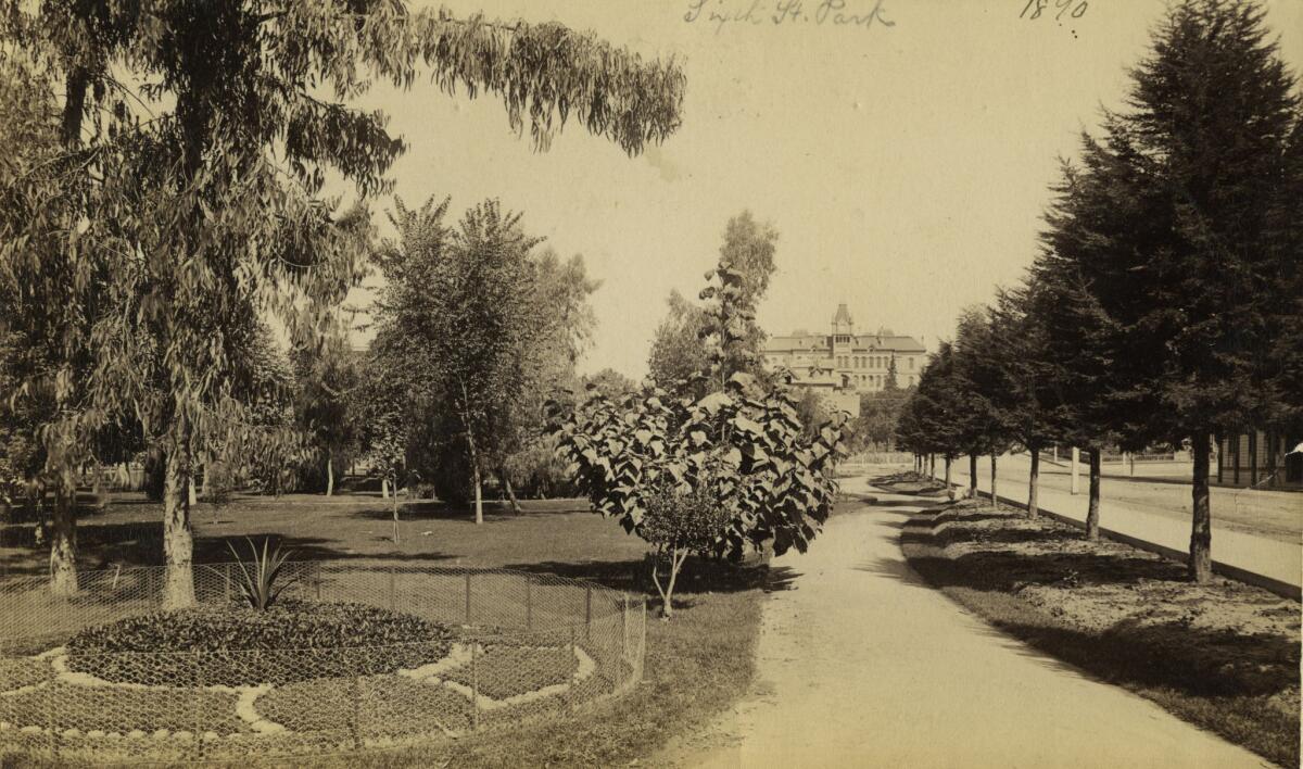 Pershing Square in 1890,when it was known as Central Park. The Normal School is in the background.