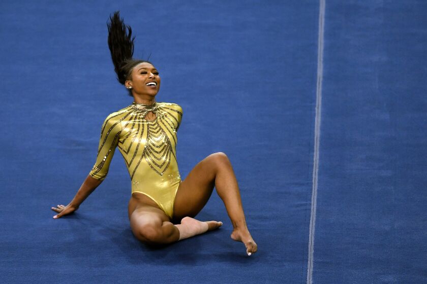 LOS ANGELES, CALIFORNIA FEBRUARY 10, 2021-UCLA's Nia Dennis competes on the floor.