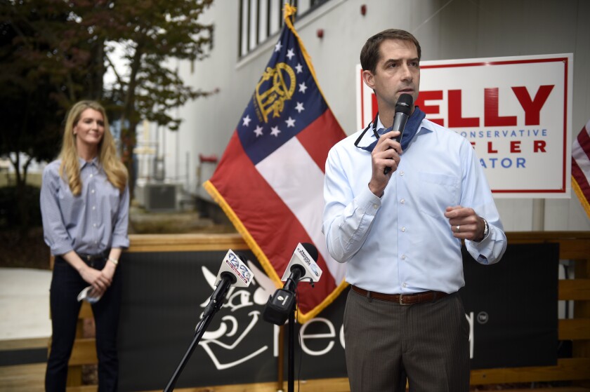 Sen. Tom Cotton, R-Ark. spoke at a campaign event for Sen. Kelly Loeffler, R-Ga., in Evans, Ga. 