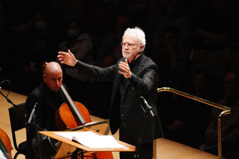Los Angeles, CA - January 29: John Adams conducts during a performance of Girls of the Golden West at The Walt Disney Concert Hall on Sunday, Jan. 29, 2023 in Los Angeles, CA. (Dania Maxwell / Los Angeles Times).
