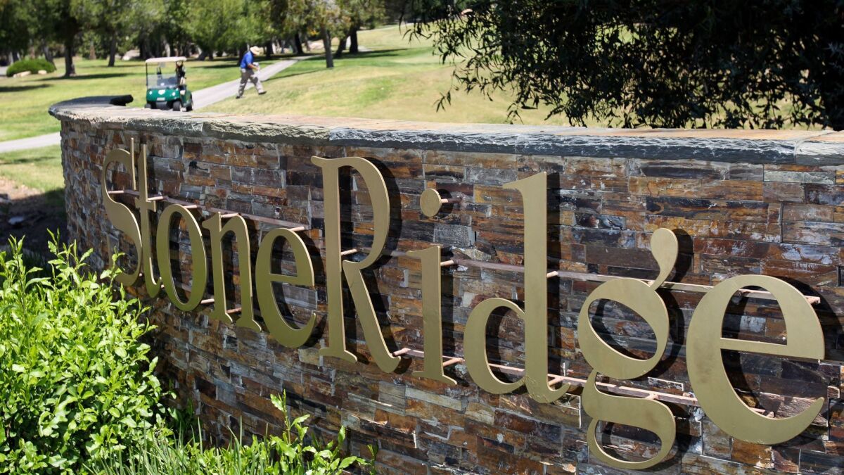 The entrance to the Stoneridge Country Club in Poway where voters will decide whether to allow a 180-condo project.