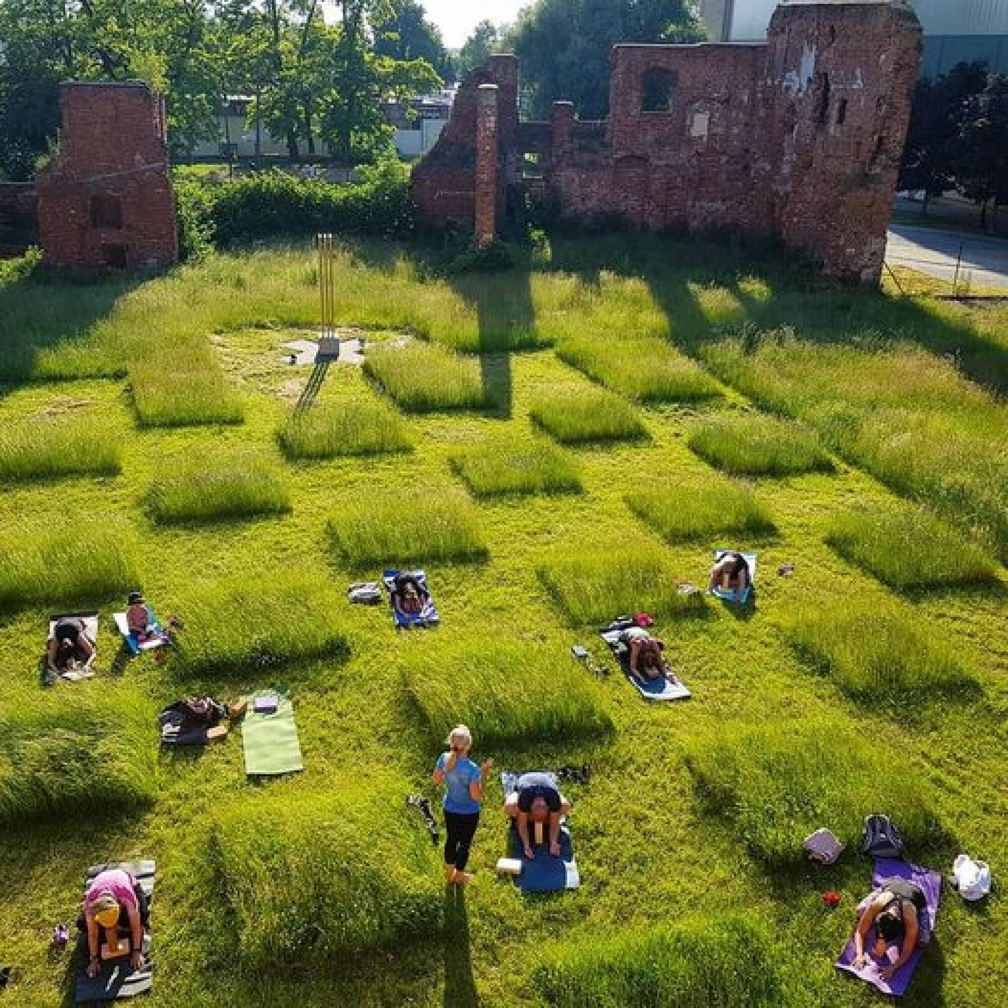 The checkboard-cut grass outside the Centrum Sztuki Galeria EL art gallery in Elblag, Poland.
