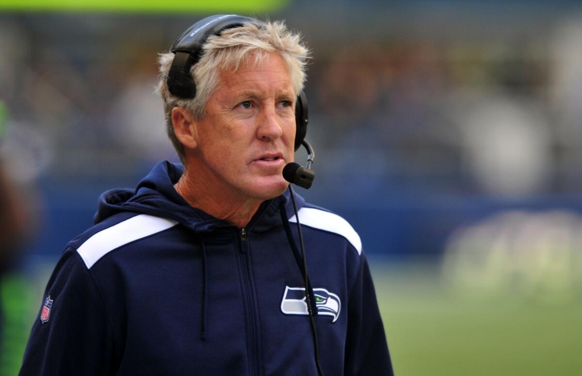 Seattle Seahawks Coach Pete Carroll paces the sideline during a game against the Jacksonville Jaguars at CenturyLink Field in Seattle