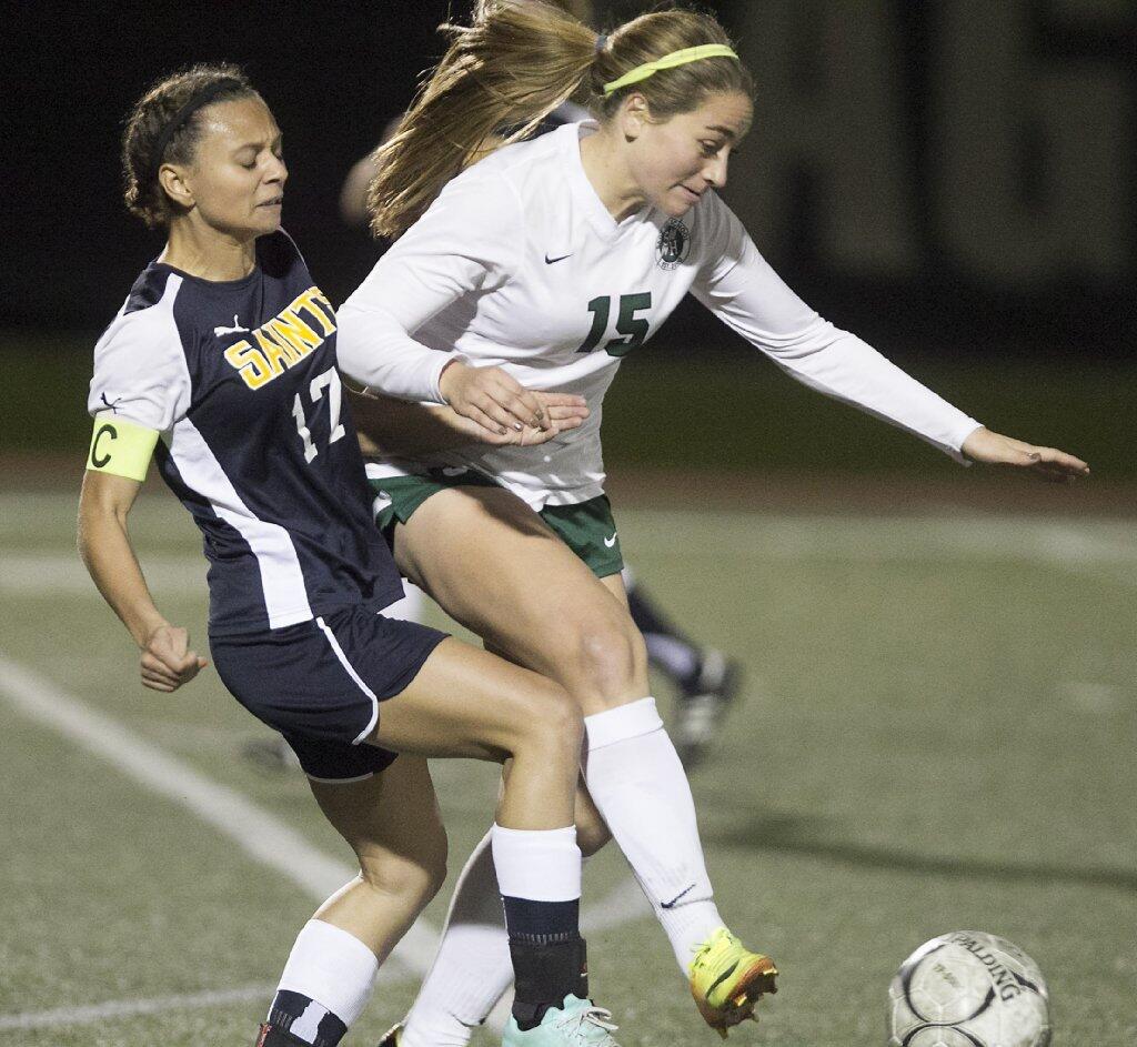 Sage Hill's Taylor Magliarditi, right, steals the ball from Crean Lutheran's Bryn Williams.