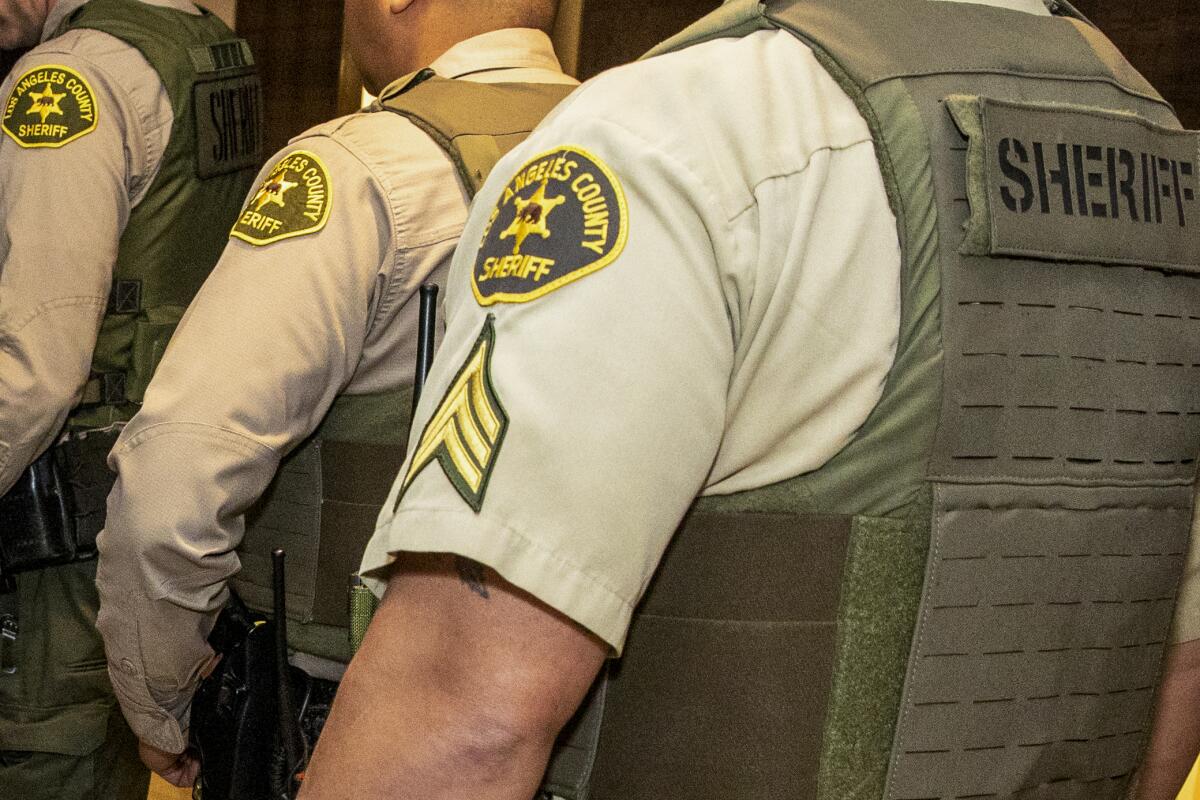 A line of Los Angeles sheriff's deputies in uniform and protective vests seen from behind.
