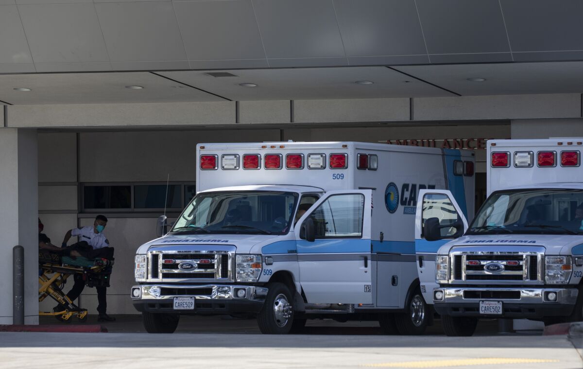 Ambulances deliver patients to Methodist Hospital of Southern California in Arcadia.