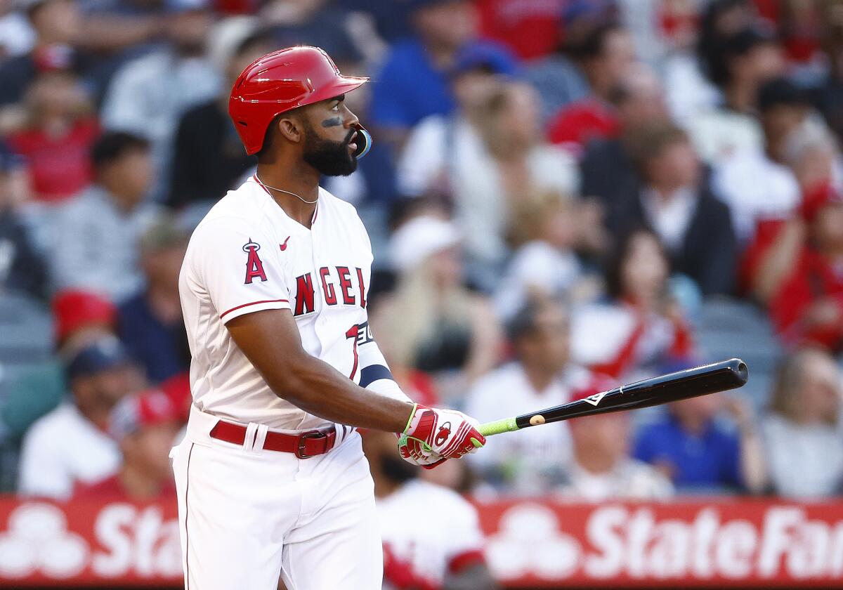 Angel's Jo Adell hits a home run against the Chicago Cubs in the second inning at Angel Stadium.