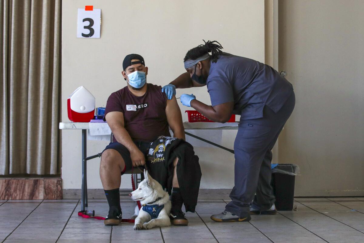 A man receives a COVID-19 vaccine as his dog sits in front of him.