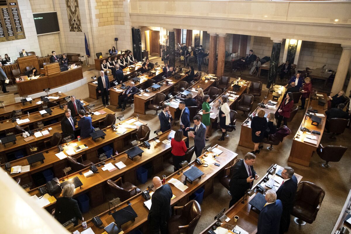FILE - The Nebraska Legislature convenes on Jan. 4, 2023, in Lincoln, Neb. The Nebraska Legislature has long prided itself on being a paragon of collegiality and function, as the only single-chamber, nonpartisan Legislature in the country. But after a vicious 2023 session in which the body of 49 lawmakers remained irreconcilably split, Nebraska's statehouse is beginning to reflect broad, national discord. (Eileen T. Meslar/Omaha World-Herald via AP)