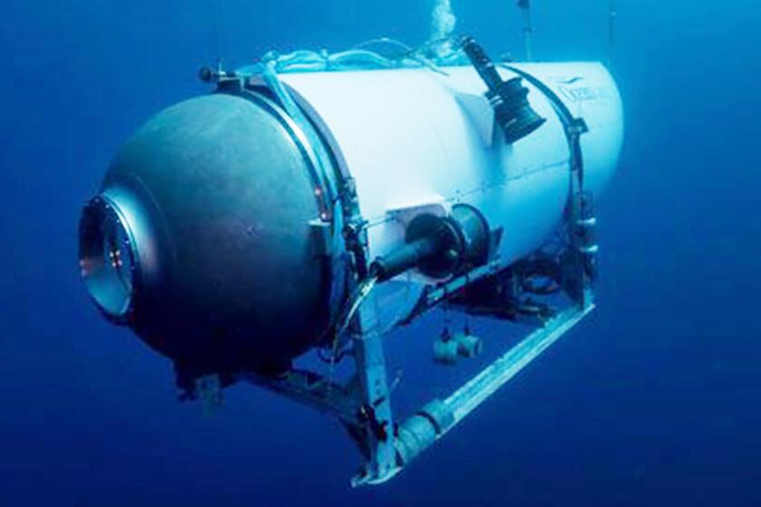 FILE - This undated photo provided by OceanGate Expeditions in June 2021 shows the company's Titan submersible. On Monday, June 19, 2023, a rescue operation was underway deep in the Atlantic Ocean in search of the technologically advanced submersible vessel carrying five people to document the wreckage of the Titanic, the iconic ocean liner that sank more than a century earlier. (OceanGate Expeditions via AP, File)