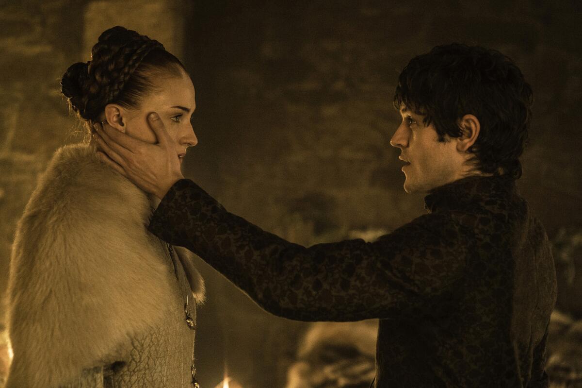 Sophie Turner as Sansa Stark and Iwan Rheon as Ramsay Bolton in "Game of Thrones."