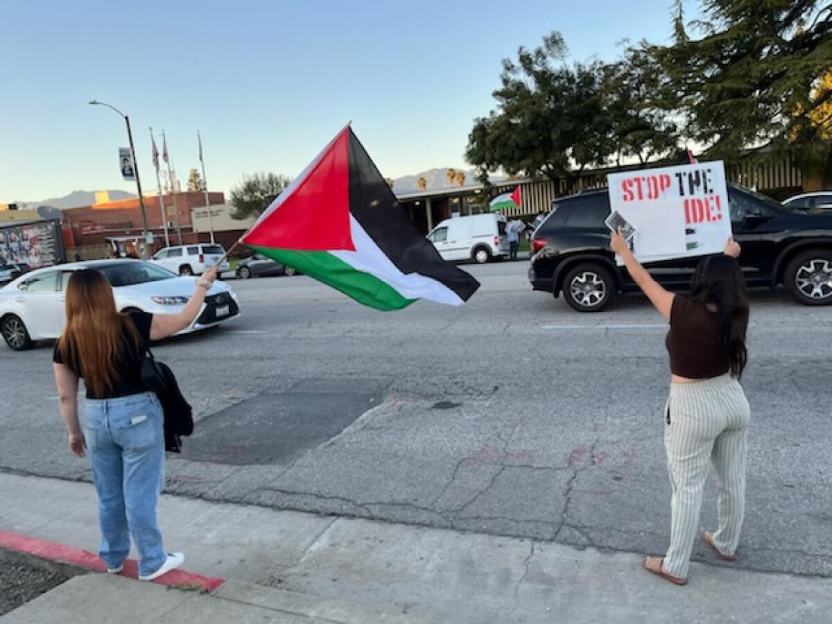 Two women stand on the side of a street, one holding a  Palestinian flag and the other a poster