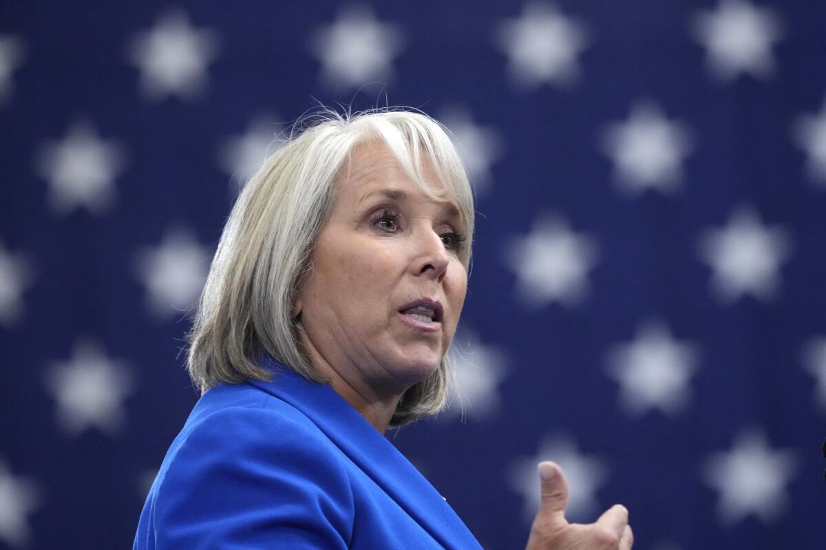 A close-up picture of New Mexico Gov. Michelle Lujan Grisham speaking.