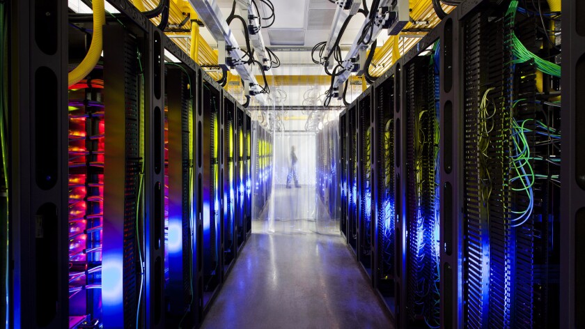 This undated photo made available by Google shows a campus-network room at a data center in Council Bluffs, Iowa.
