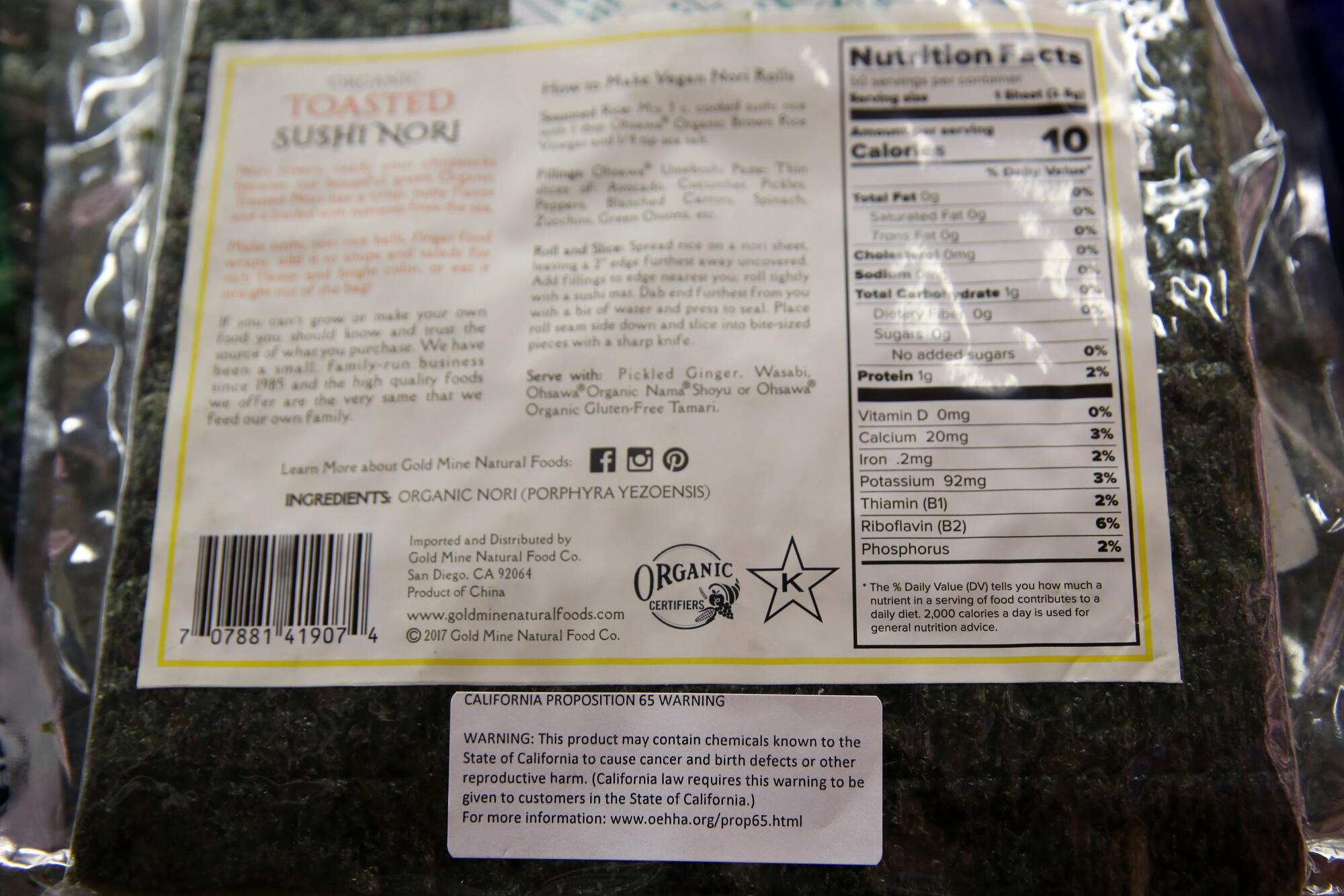 Nori at Lassens Natural Foods & Vitamins in Echo Park is certified organic but also stuck with a Proposition 65 warning.