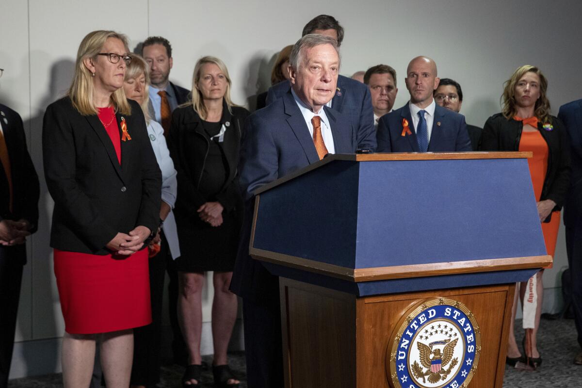 Sen. Dick Durbin speaks during a news conference at the Capitol in Washington.
