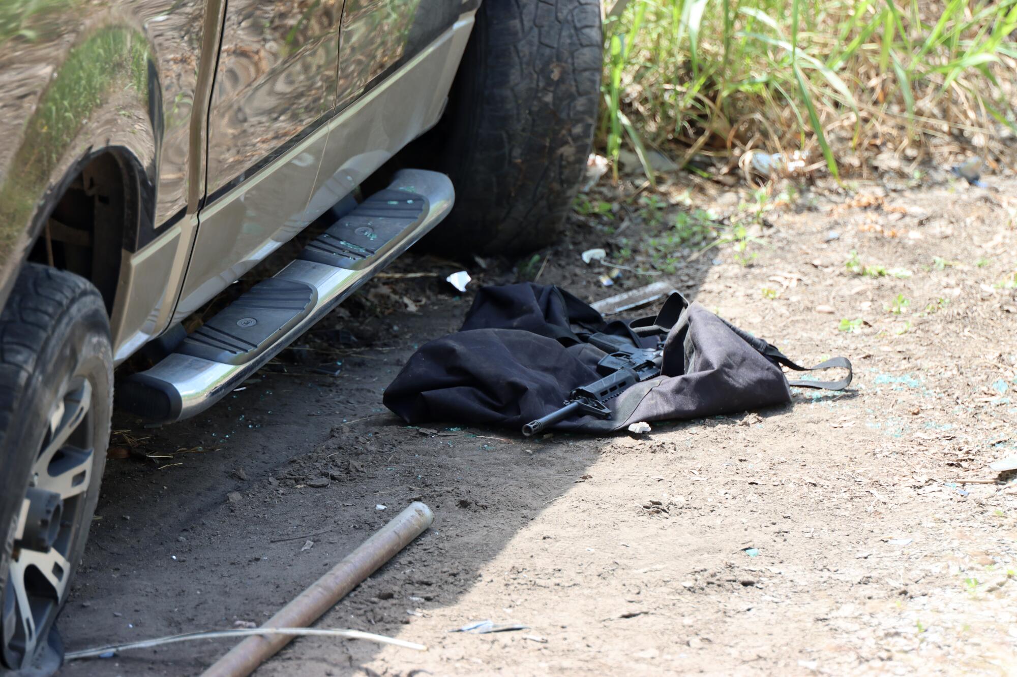 A weapon next to the shooter's crashed truck.