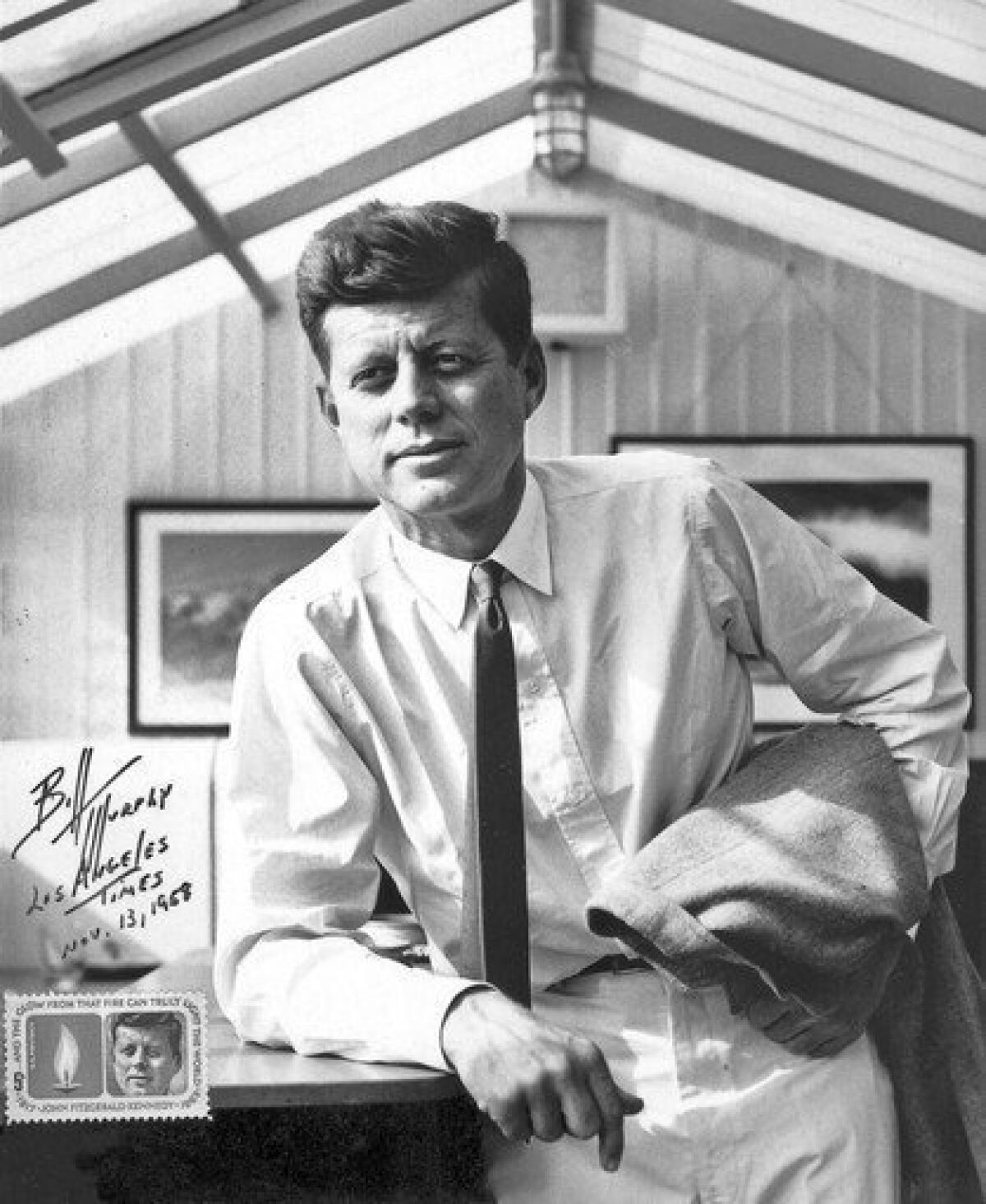 This portrait of then-Sen. John F. Kennedy was taken in 1958 at his sister's Santa Monica home and was later used in 1964 in the first stamp commemorating him after his assassination. William S. Murphy, who took the photo, autographed the print and placed one of the stamps in the lower left corner.