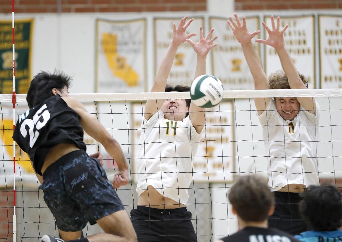 Edison's Parker Horrocks (14) and Emerson Evans (11) block a swing by Armaan Zia (25) of Aliso Niguel.