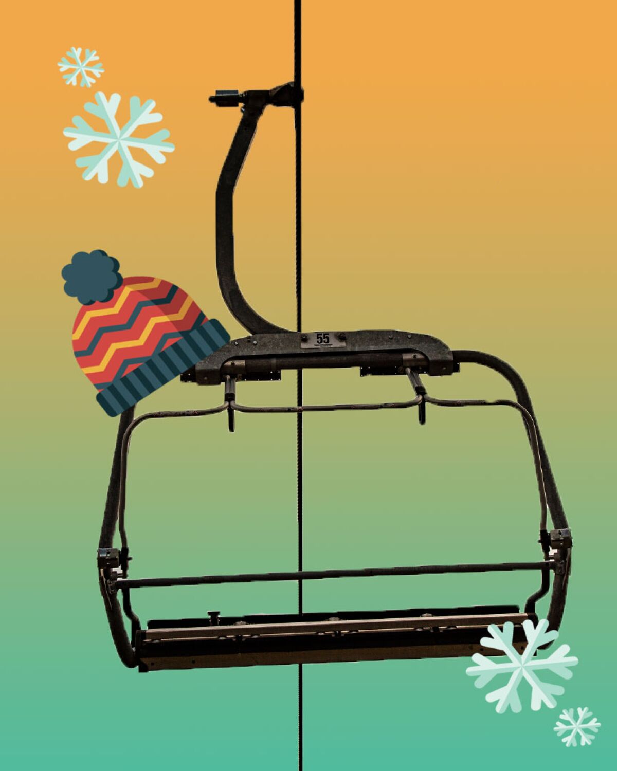 Ski lift with illustrated beanie hat and snowflakes.