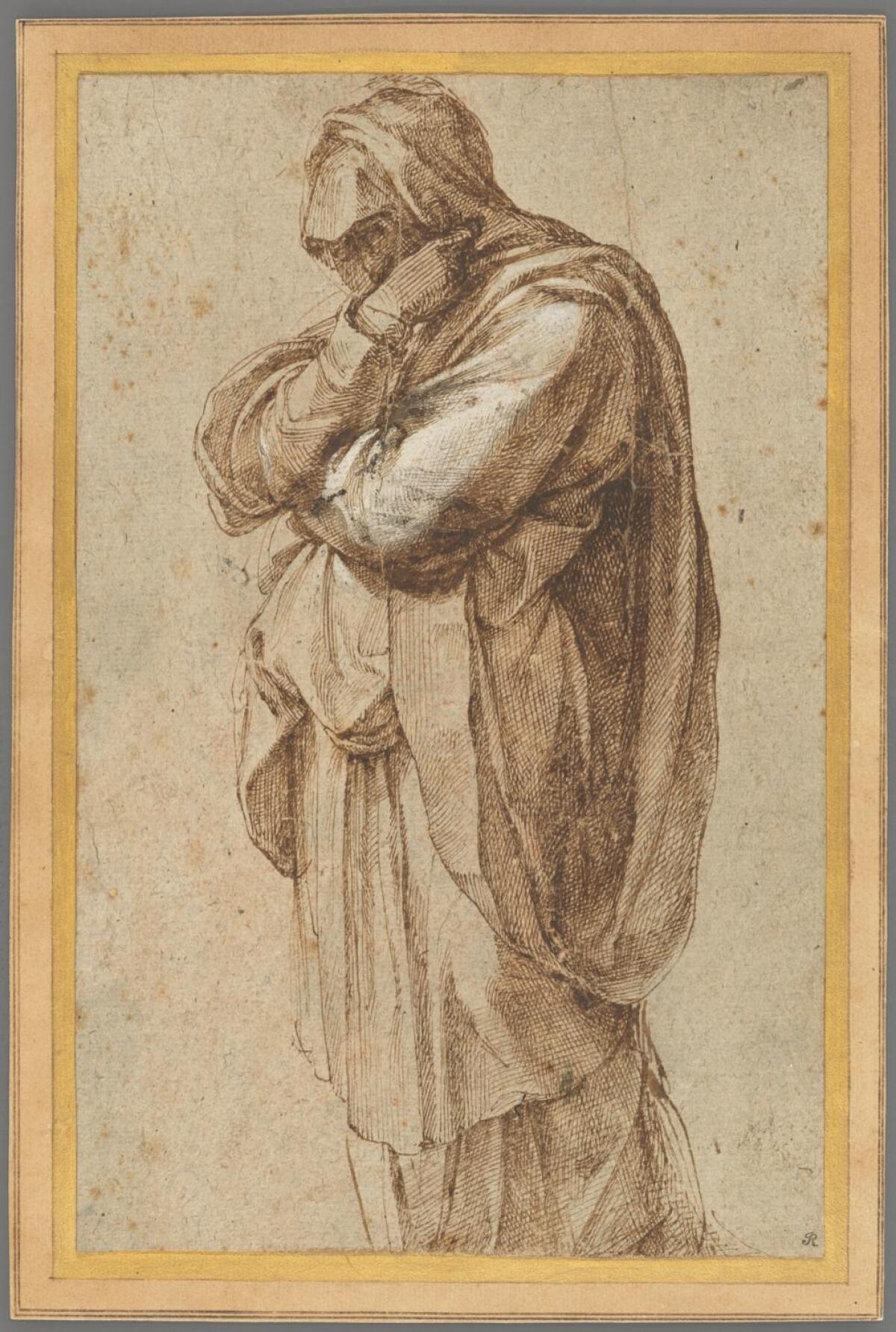 Michelangelo, "Study of a Mourning Woman," 1500-1505, pen and brown ink, white opaque watercolor.