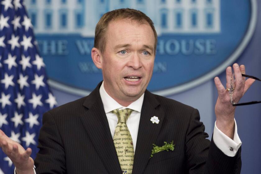 Office of Management and Budget director Mick Mulvaney discusses President Trump's budget during a daily briefing Thursday.