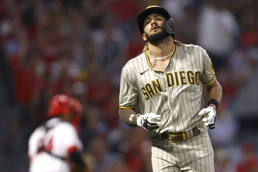 ANAHEIM, CALIFORNIA - AUGUST 28: Fernando Tatis Jr. #23 of the San Diego Padres looks on after flying out during the fourth inning of a game against the Los Angeles Angels at Angel Stadium of Anaheim on August 28, 2021 in Anaheim, California. (Photo by Sean M. Haffey/Getty Images)
