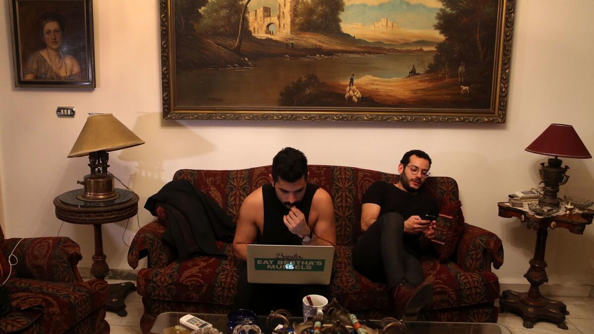 Hamed Sinno, left, lead singer with the Lebanese rock band Mashrou' Leila, and guitarist Firas Abou Fakher in Beirut in April 2016.