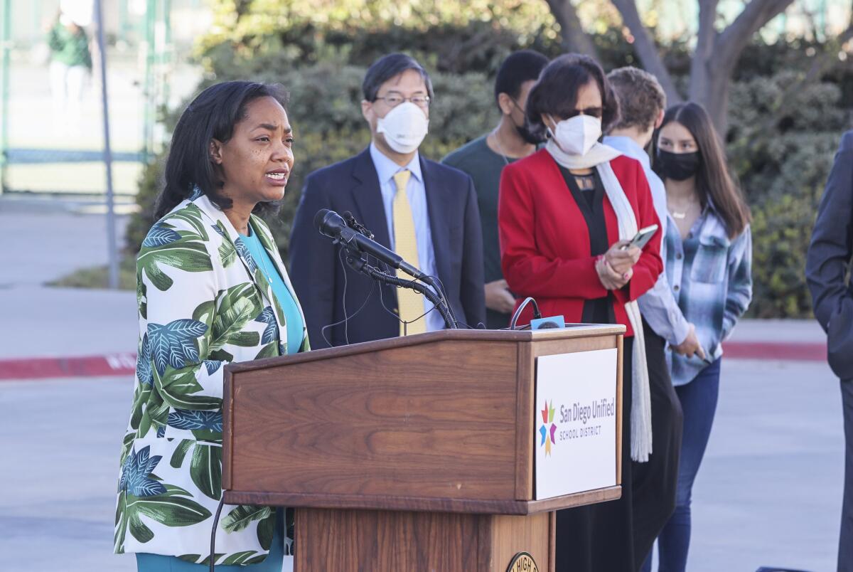 Assemblymember Dr. Akilah Weber speaks about a student vaccine registry at Lincoln High School Friday in San Diego