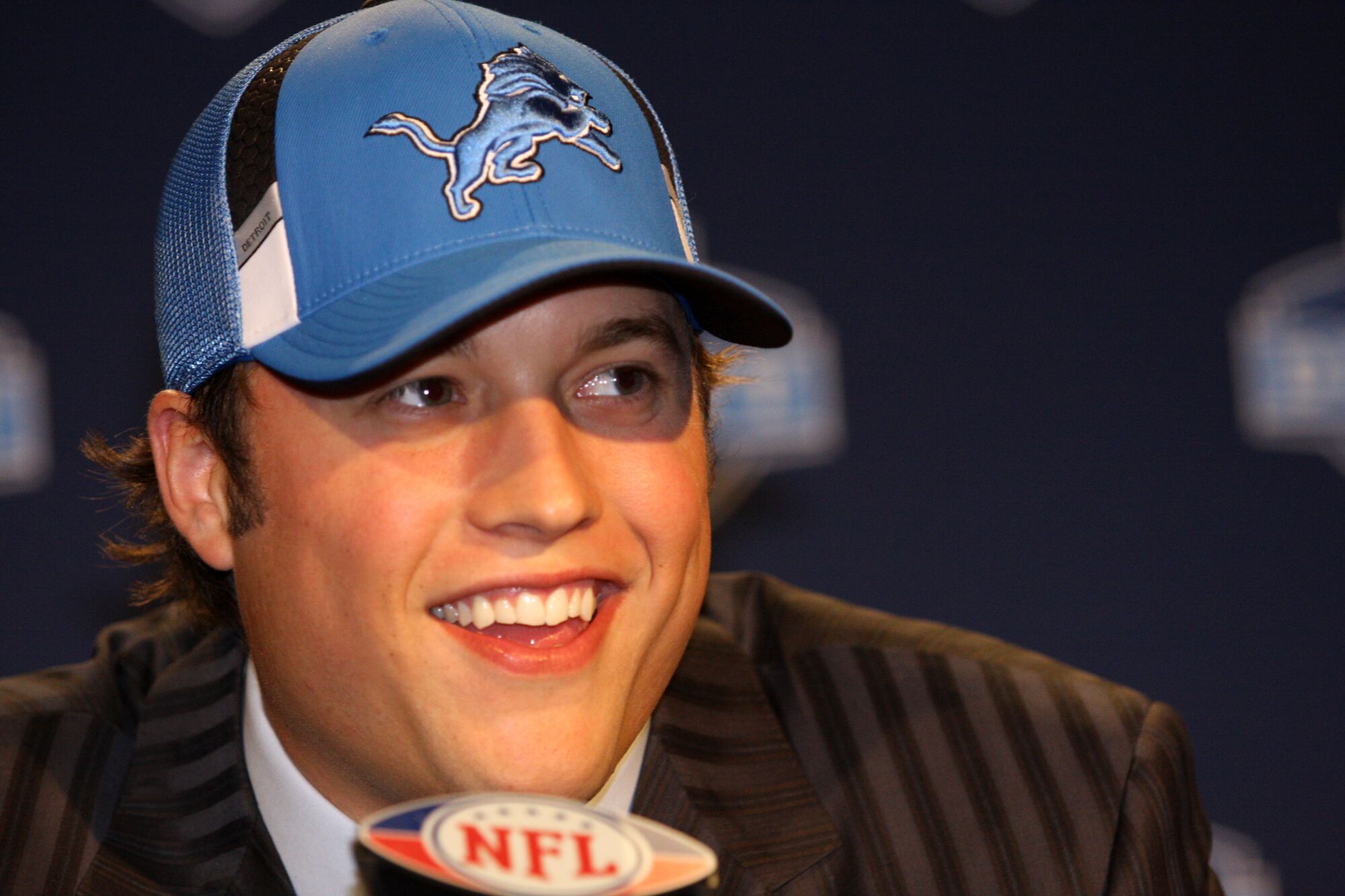 Matthew Stafford speaks to reporters after being selected No. 1 overall by the Detroit Lions in the 2009 NFL draft.