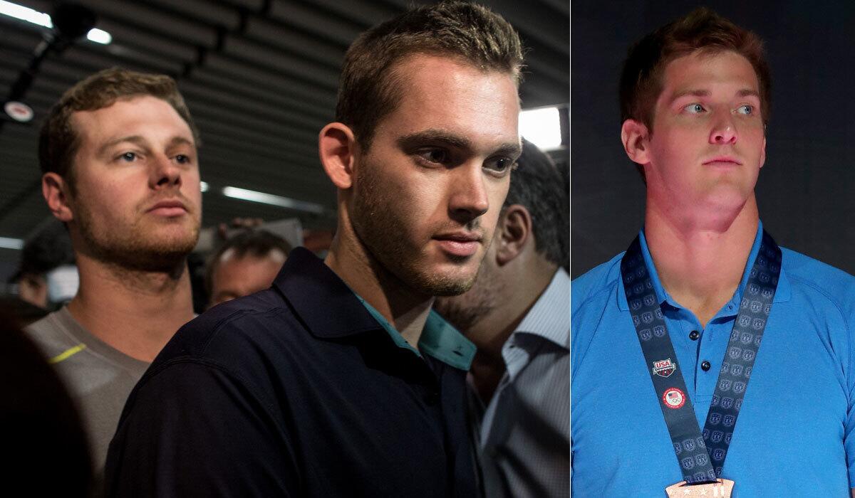 Jack Conger, left, and Gunnar Bentz leave police headquarters in Rio de Janeiro on Aug. 17; Jimmy Feigen participates in a medal ceremony at the U.S. Olympic trials in July.