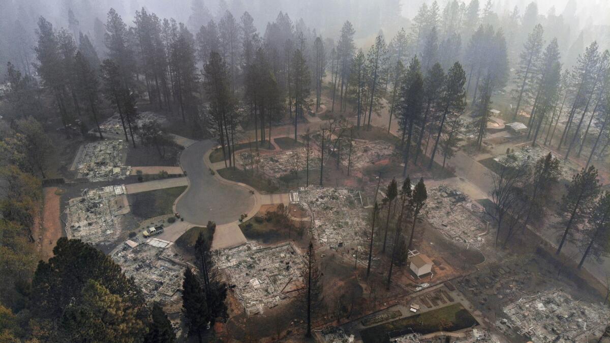 A fire-ravaged neighborhood in Paradise, Calif.