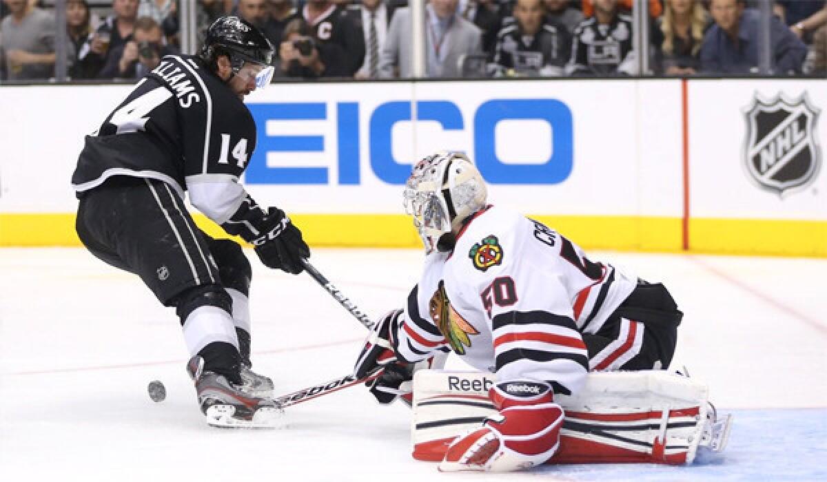 The Kings are 1-7 on the road during this postseason, but down 3-1 to the Blackhawks, Justin Williams says the team isn't scared, they just need to win two games at the United Center.