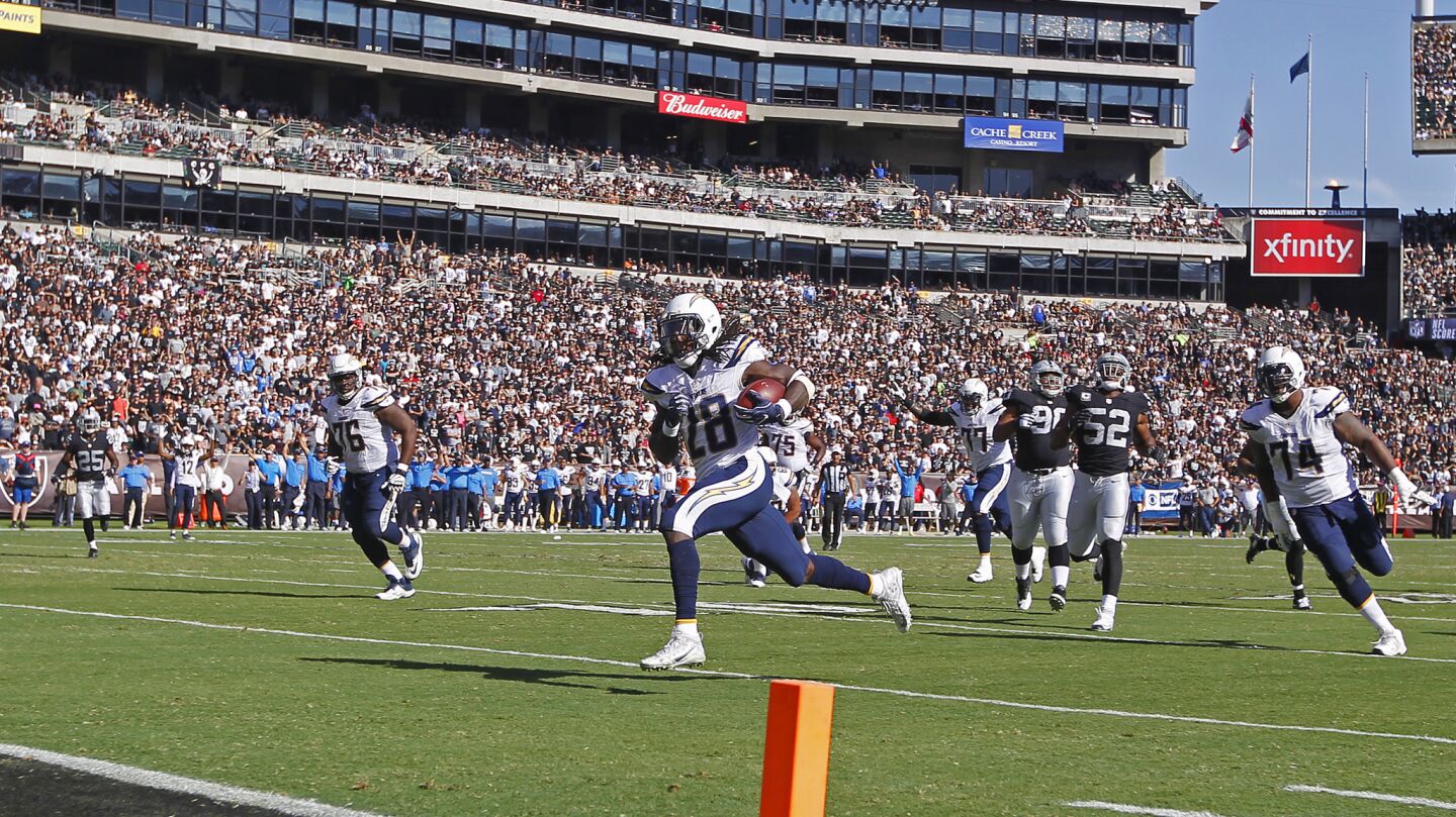San Diego Chargers Melvin Gordon runs in for a touchdown off a screen pass against the Raiders in the 3rd quarter in Oakland on Oct. 9, 2016. (Photo by K.C. Alfred/The San Diego Union-Tribune)