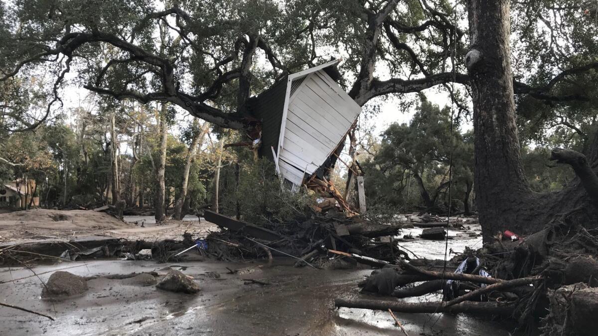 The debris flow moved this garage into a tree along Montecito Creek.