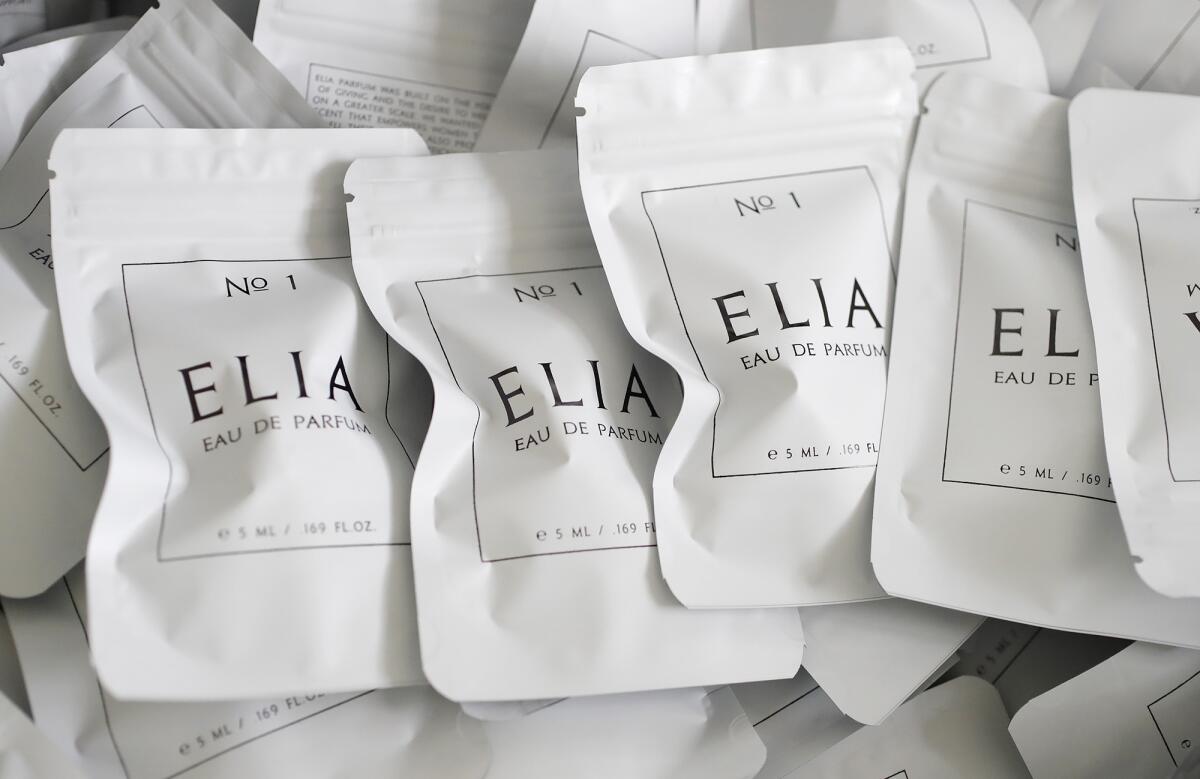 Packets of Amanda Meyer's fragrance, Elia Parfum.