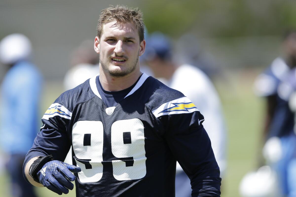 Joey Bosa attends Chargers' rookie training camp on May 13.