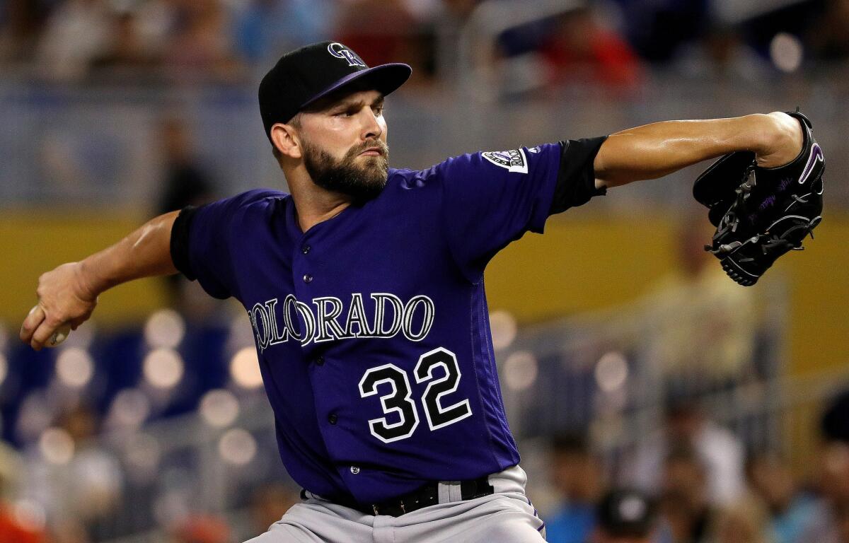 Rockies right hander Tyler Chatwood (32) pitches during a game against the Miami Marlins on June 18.