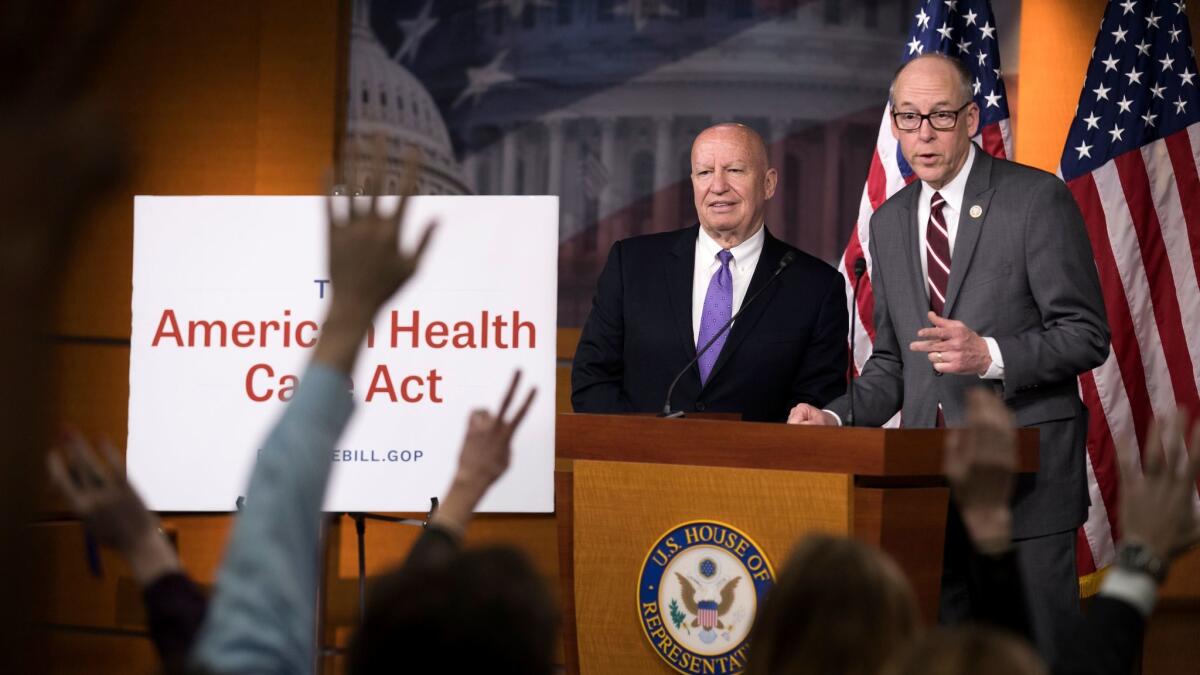 House Energy and Commerce Chairman Greg Walden (R), with House Ways and Means Committee Chairman Kevin Brady (L), during a press conference on the American Health Care Act in Washington on March 7.