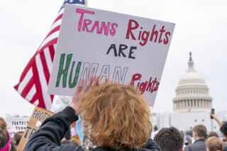 A person holds a sign reading, "Trans rights are human rights."