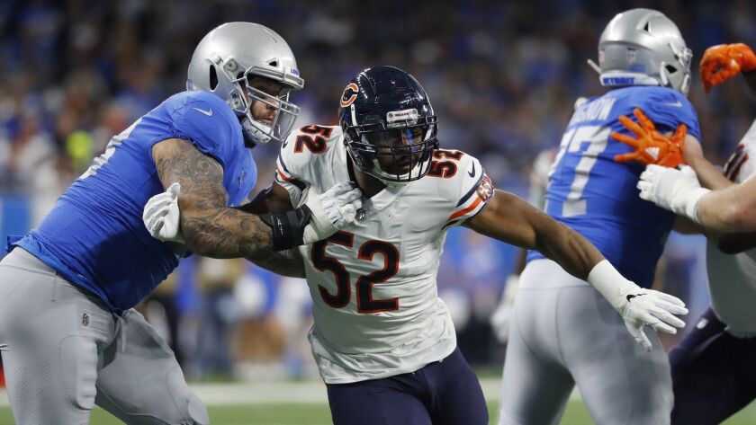 Chicago Bears linebacker Khalil Mack (52), going through the line against the Detroit Lions, presents a big challenge for the Rams' offensive line. He has a team-leading nine sacks.